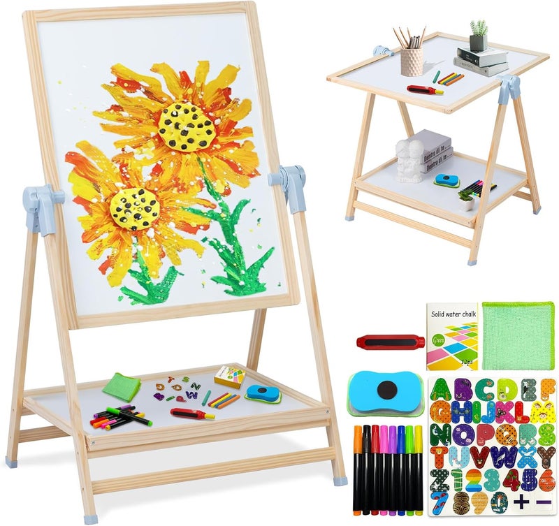 Weudear Easel for Kids Toys, Toddler Dry Erase Board,Magnetic Double Sided Wooden Standing, 4 in 1 White Board & Chalk Board & Tabletop for Kids 3-4 4-8 9-12 Height Adjustable 22-39 inch - Image 1
